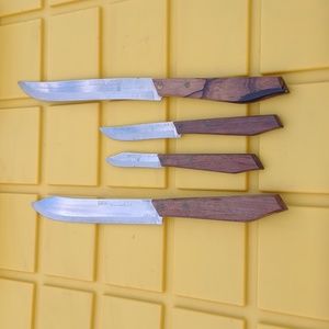 Vintage carbonite stainless steel wooden handle lot USA made MCM mid-century